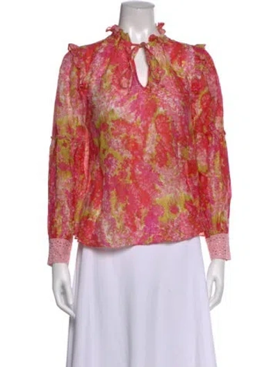 Pre-owned Loveshackfancy Floral Print Tie Neck Blouse In Pink