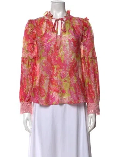 Pre-owned Loveshackfancy Floral Print Tie Neck Blouse In Pink