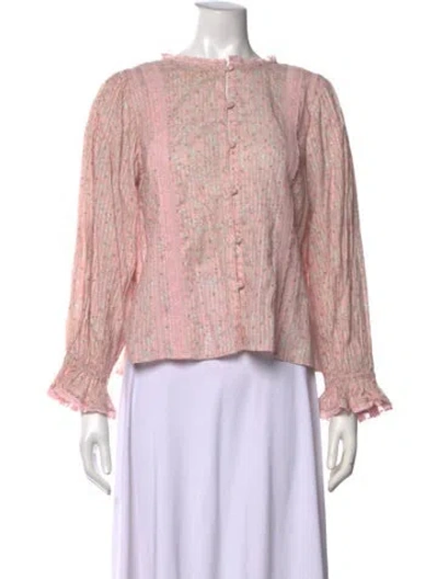 Pre-owned Loveshackfancy Floral Print Tie Neck Blouse In Pink