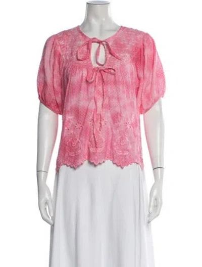 Pre-owned Loveshackfancy Floral Print Tie Neck Blouse In Pink