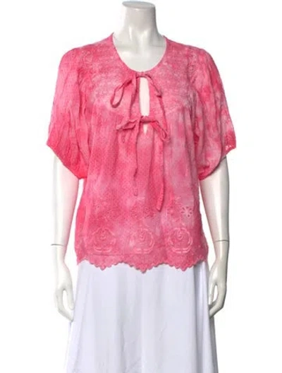 Pre-owned Loveshackfancy Floral Print Tie Neck Blouse In Pink