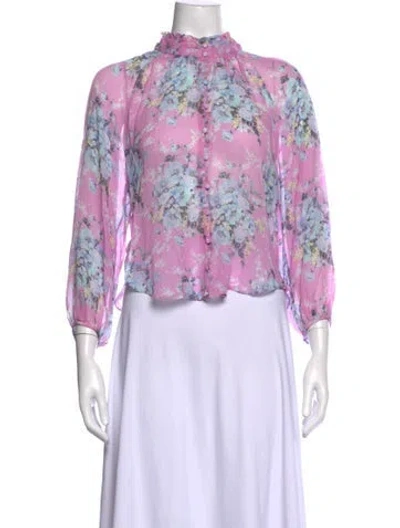 Pre-owned Loveshackfancy Floral Print Tie Neck Blouse In Purple