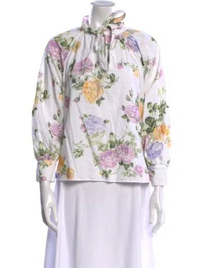 Pre-owned Loveshackfancy Floral Print Tie Neck Blouse In White
