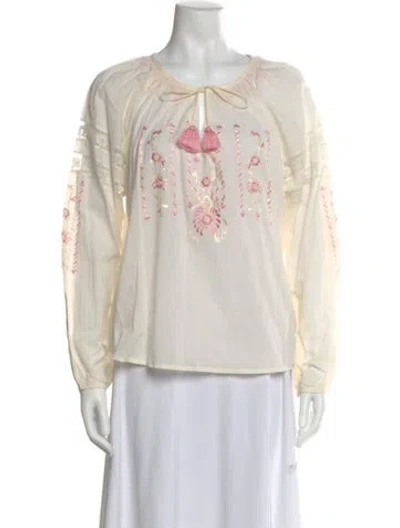 Pre-owned Loveshackfancy Floral Print Tie Neck Blouse In White