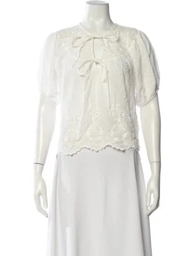 Pre-owned Loveshackfancy Floral Print Tie Neck Blouse In White
