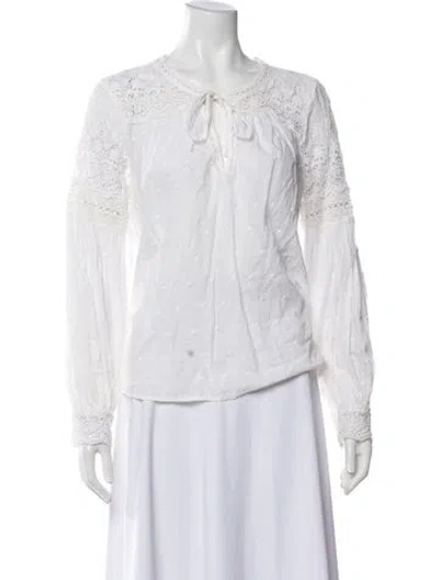 Pre-owned Loveshackfancy Floral Print Tie Neck Blouse In White