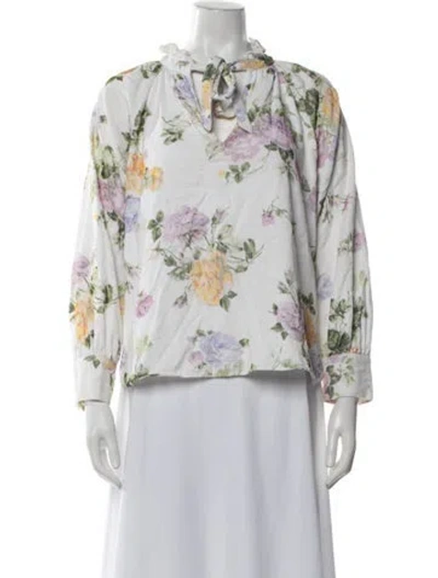 Pre-owned Loveshackfancy Floral Print Tie Neck Blouse In White