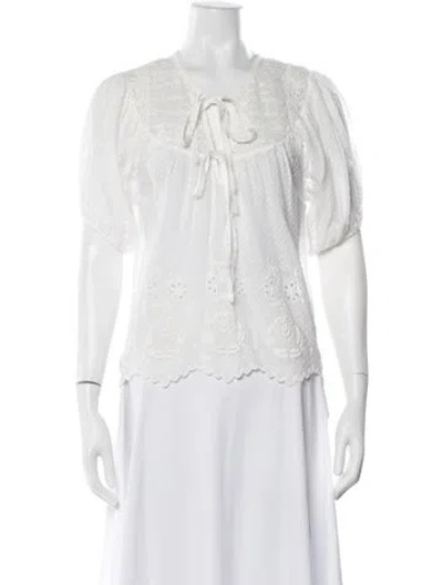 Pre-owned Loveshackfancy Floral Print Tie Neck Blouse In White
