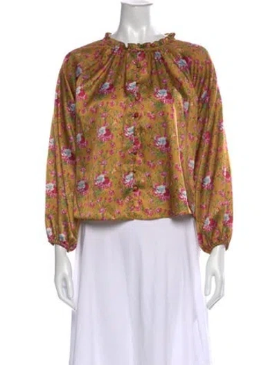 Pre-owned Loveshackfancy Floral Print Tie Neck Blouse In Yellow