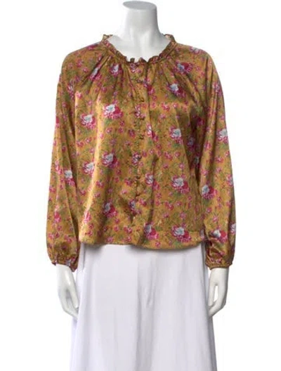 Pre-owned Loveshackfancy Floral Print Tie Neck Blouse In Yellow