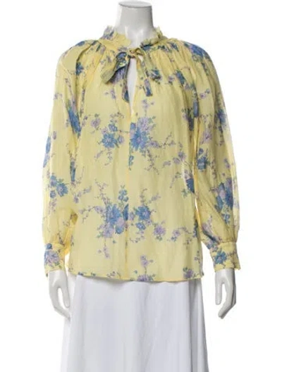 Pre-owned Loveshackfancy Floral Print Tie Neck Blouse In Yellow