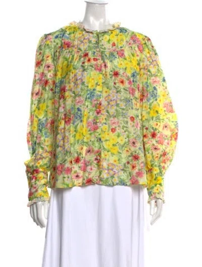 Pre-owned Loveshackfancy Floral Print Tie Neck Blouse In Yellow