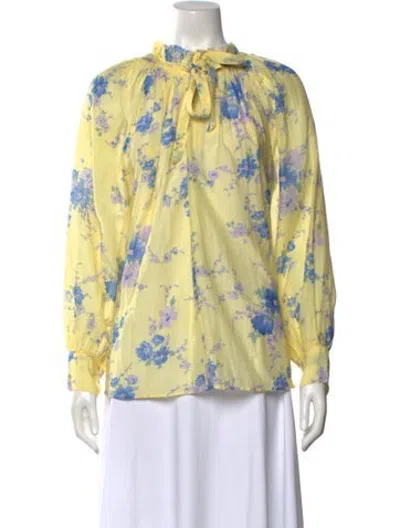 Pre-owned Loveshackfancy Floral Print Tie Neck Blouse In Yellow