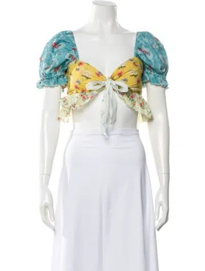 Pre-owned Loveshackfancy Floral Print Tie Neck Crop Top In Blue