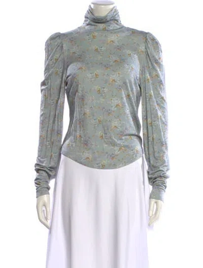 Pre-owned Loveshackfancy Floral Print Turtleneck Blouse In Blue