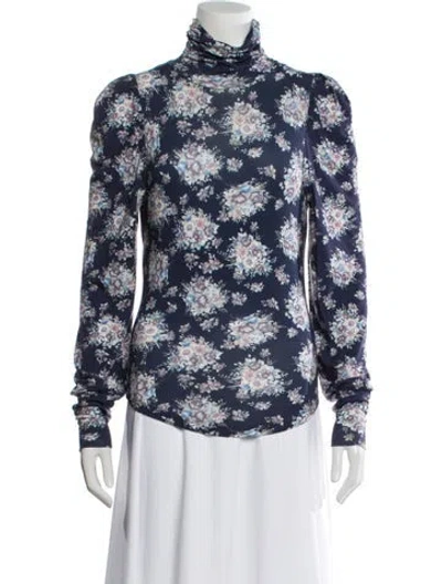 Pre-owned Loveshackfancy Floral Print Turtleneck Blouse In Blue