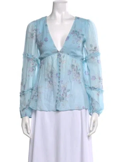 Pre-owned Loveshackfancy Floral Print V-neck Blouse In Blue