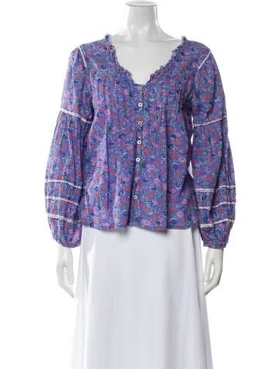 Pre-owned Loveshackfancy Floral Print V-neck Blouse In Blue