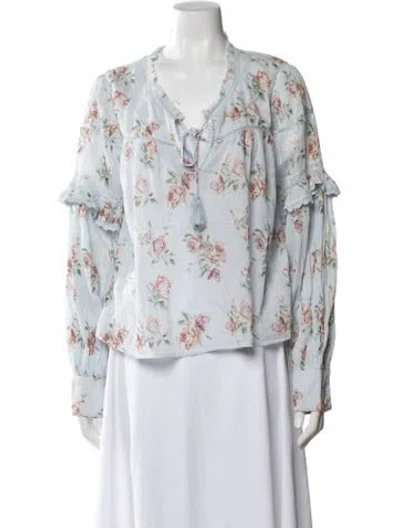 Pre-owned Loveshackfancy Floral Print V-neck Blouse In Blue