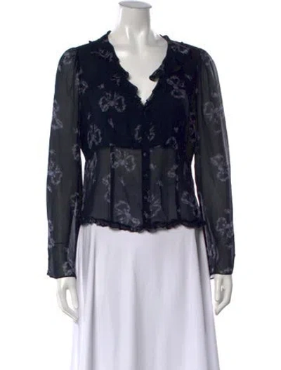 Pre-owned Loveshackfancy Floral Print V-neck Blouse In Blue