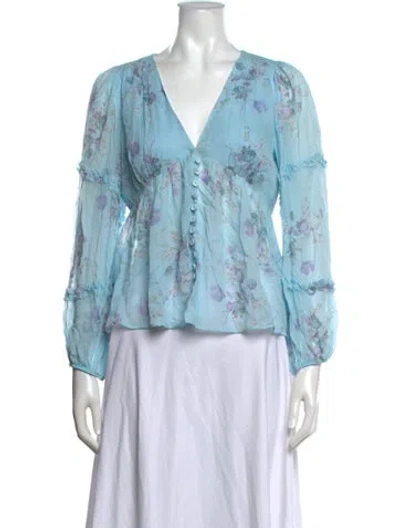Pre-owned Loveshackfancy Floral Print V-neck Blouse In Blue
