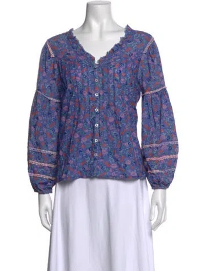 Pre-owned Loveshackfancy Floral Print V-neck Blouse In Blue