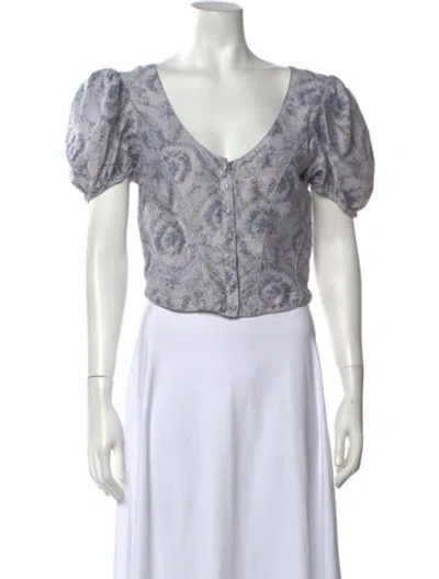 Pre-owned Loveshackfancy Floral Print V-neck Blouse In Blue