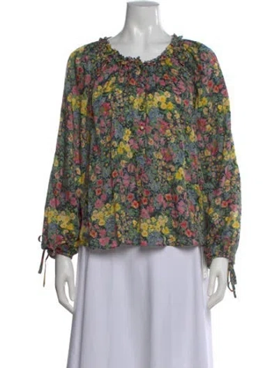 Pre-owned Loveshackfancy Floral Print V-neck Blouse In Green