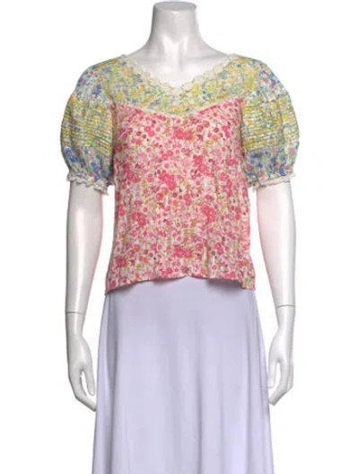 Pre-owned Loveshackfancy Floral Print V-neck Blouse In Multicolor