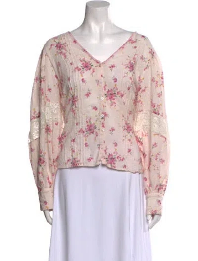 Pre-owned Loveshackfancy Floral Print V-neck Blouse In Neutral