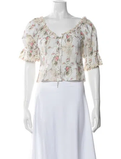 Pre-owned Loveshackfancy Floral Print V-neck Blouse In Neutral
