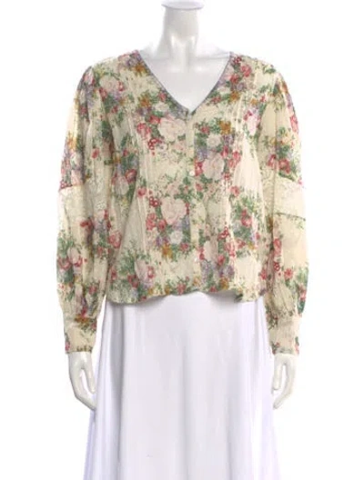 Pre-owned Loveshackfancy Floral Print V-neck Blouse In Neutral