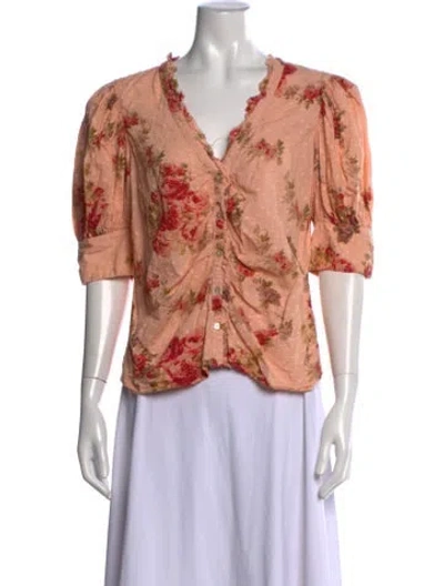Pre-owned Loveshackfancy Floral Print V-neck Blouse In Orange