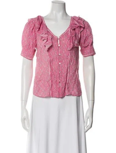 Pre-owned Loveshackfancy Floral Print V-neck Blouse In Pink