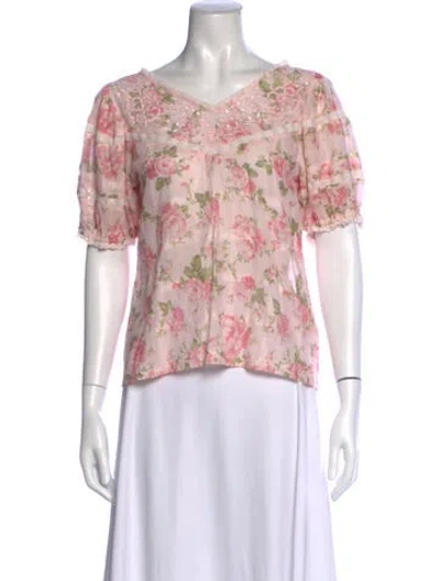 Pre-owned Loveshackfancy Floral Print V-neck Blouse In Pink