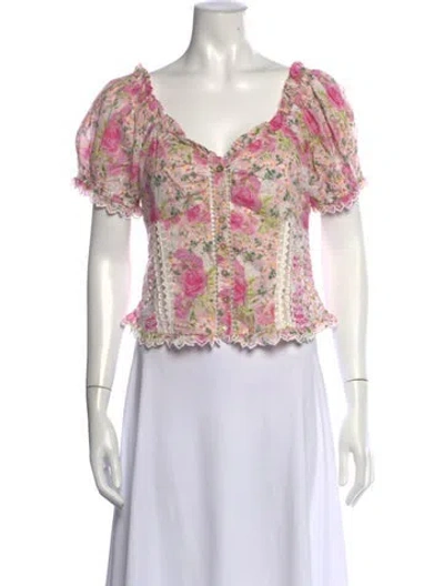 Pre-owned Loveshackfancy Floral Print V-neck Blouse In Pink