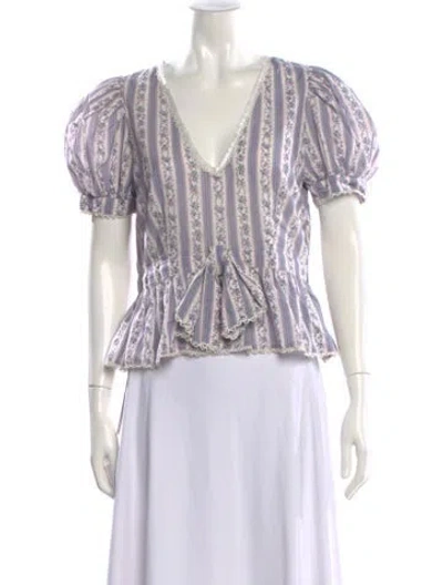 Pre-owned Loveshackfancy Floral Print V-neck Blouse In Purple