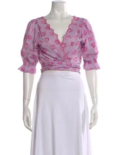 Pre-owned Loveshackfancy Floral Print V-neck Blouse In Purple