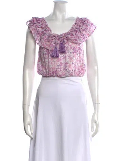 Pre-owned Loveshackfancy Floral Print V-neck Blouse In Purple