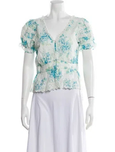 Pre-owned Loveshackfancy Floral Print V-neck Blouse W/ Tags In Neutral