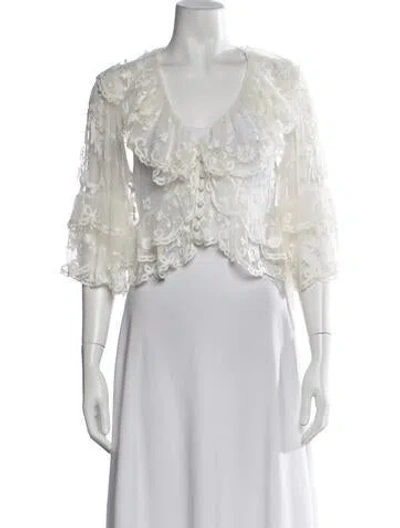Pre-owned Loveshackfancy Floral Print V-neck Blouse W/ Tags In Neutrals