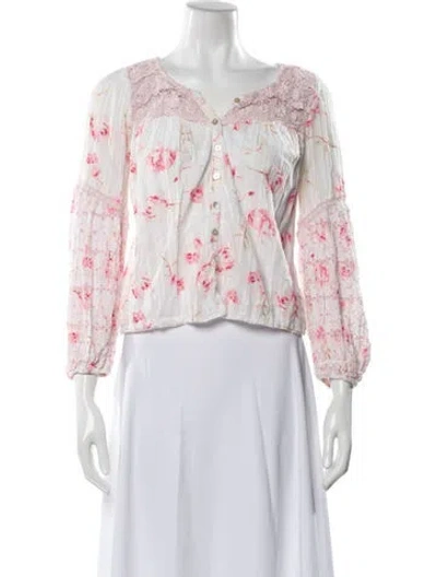 Pre-owned Loveshackfancy Floral Print V-neck Blouse In White