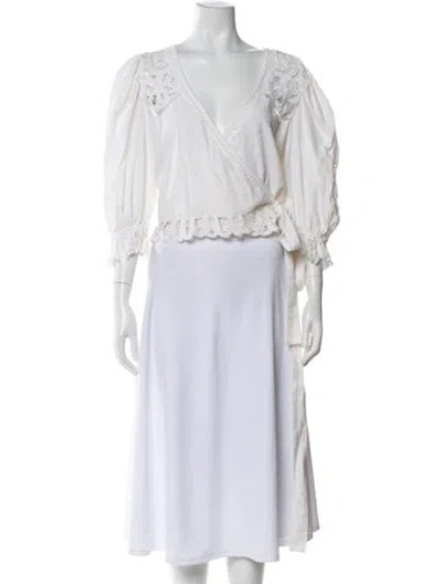 Pre-owned Loveshackfancy Floral Print V-neck Blouse In White