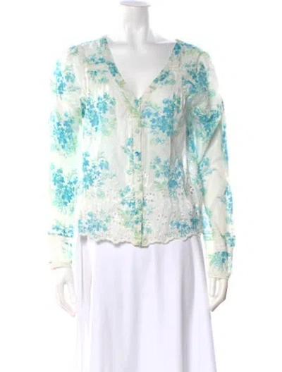 Pre-owned Loveshackfancy Floral Print V-neck Blouse In White