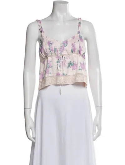 Pre-owned Loveshackfancy Floral Print V-neck Blouse In White