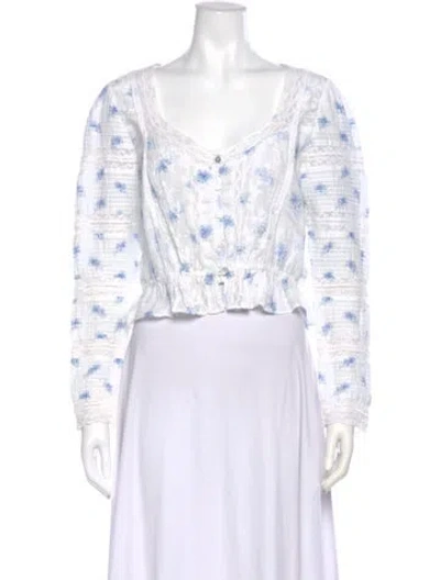 Pre-owned Loveshackfancy Floral Print V-neck Blouse In White