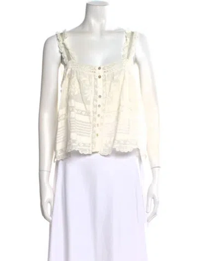 Pre-owned Loveshackfancy Floral Print V-neck Blouse In White