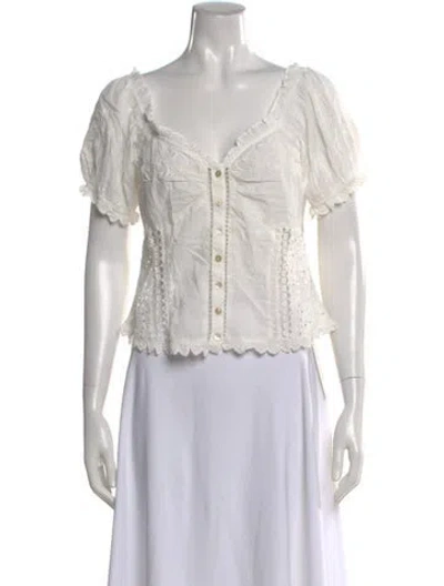 Pre-owned Loveshackfancy Floral Print V-neck Blouse In White