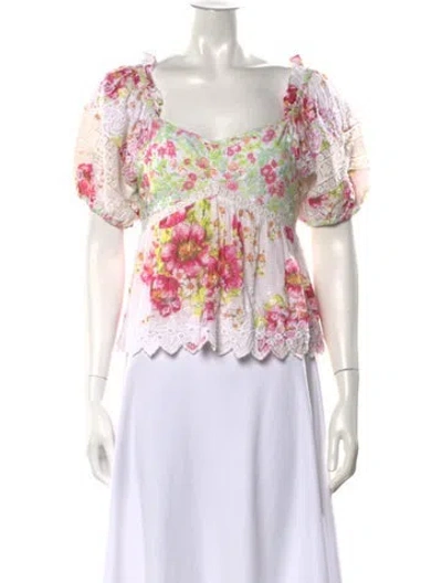 Pre-owned Loveshackfancy Floral Print V-neck Blouse In White