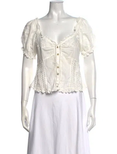 Pre-owned Loveshackfancy Floral Print V-neck Blouse In White